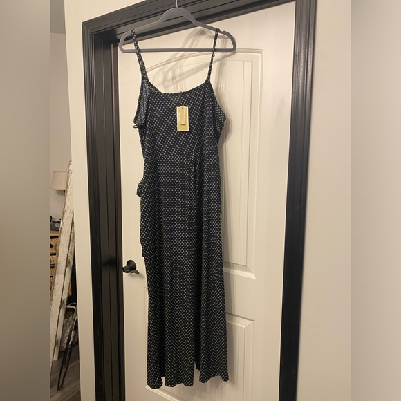 Michael Kors Plus Size 2X Printed Side-Tie Jumpsuit Navy Blue with Gold/Yellow - Picture 3 of 3